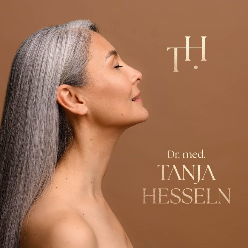 Porträt einer Frau mit rotem „TH“ und Text „Dr. med. Tanja Hesseln“