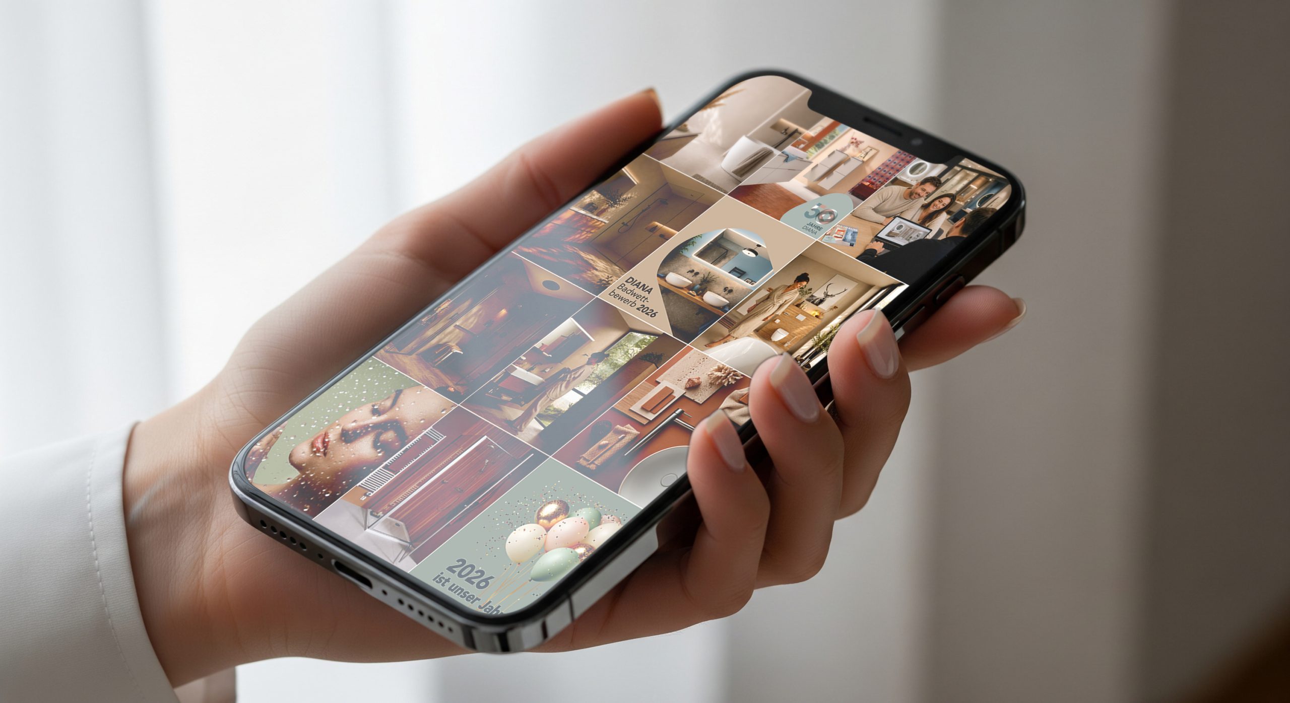 Hand hält Smartphone mit geöffnetem Instagram-Feed der Marke Diana Badwelten.