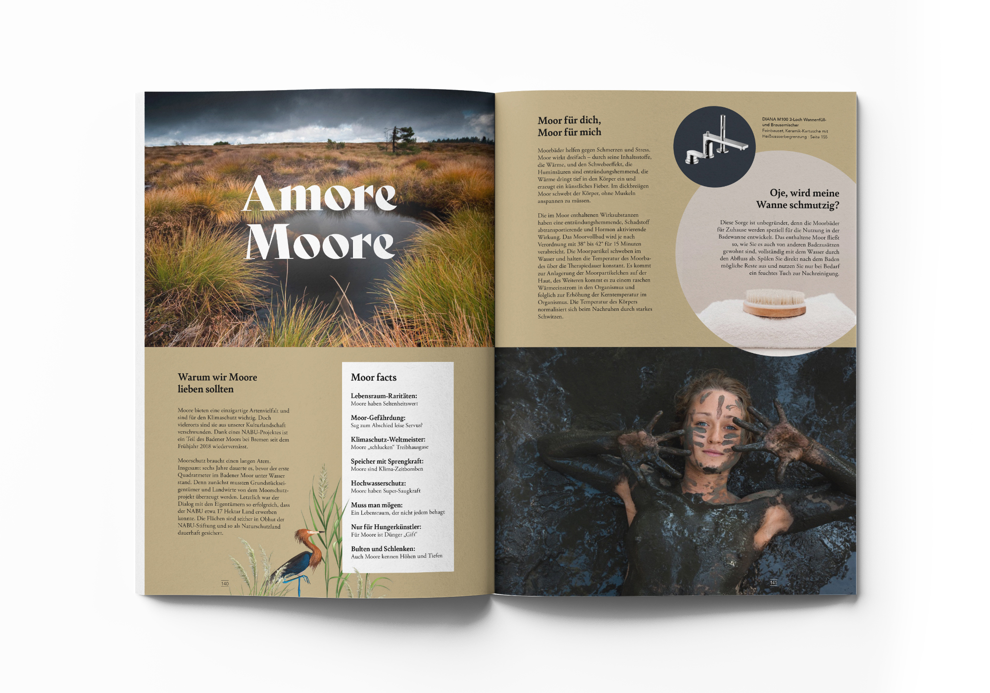 Doppelseite mit Texten und Bildern über Moore, Moorpflegeprodukte und Moorlandschaft.