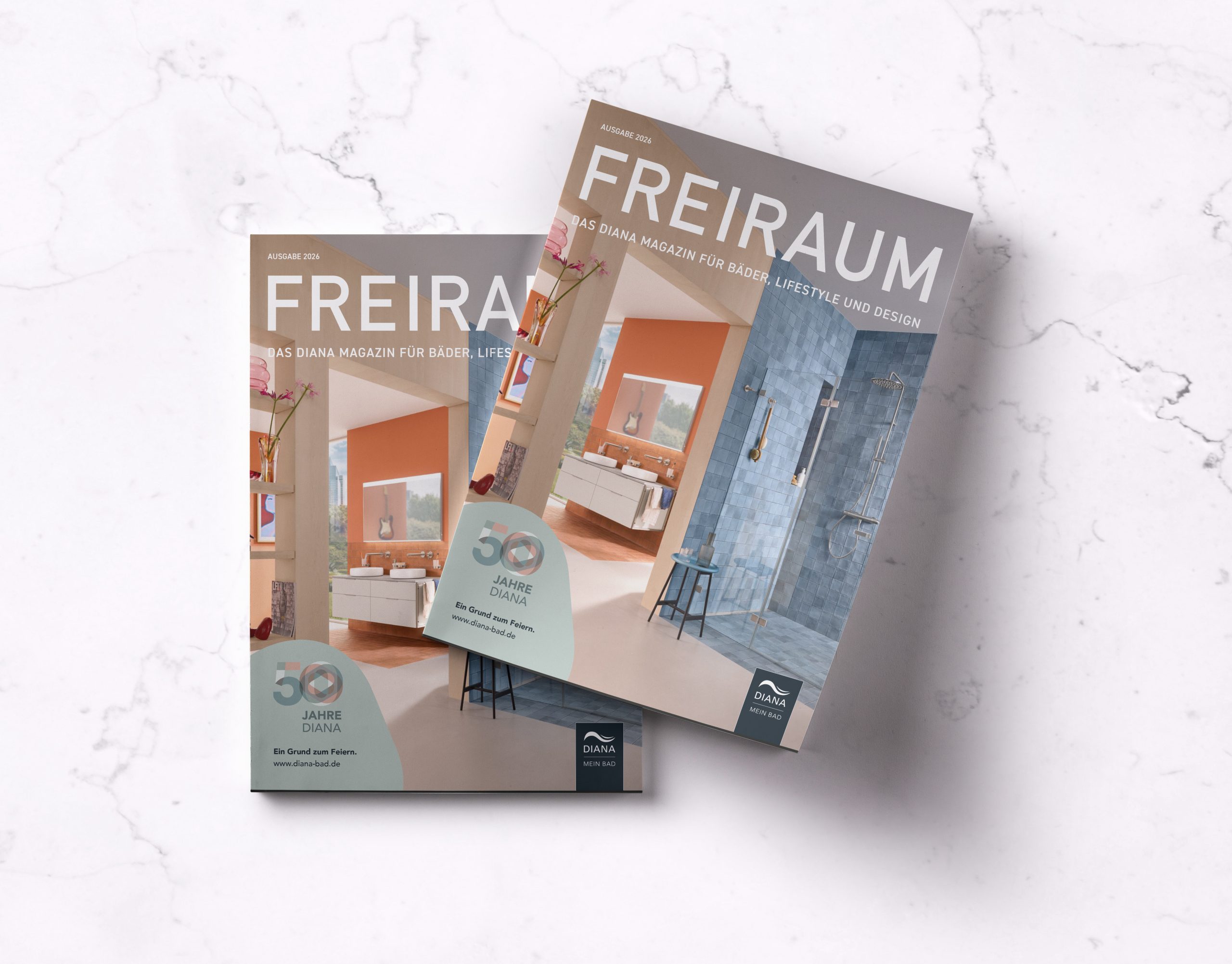 Cover des FREIRAUM Magazins Ausgabe 2026 mit Bad-Designs und Logo „50 Jahre DIANA“.