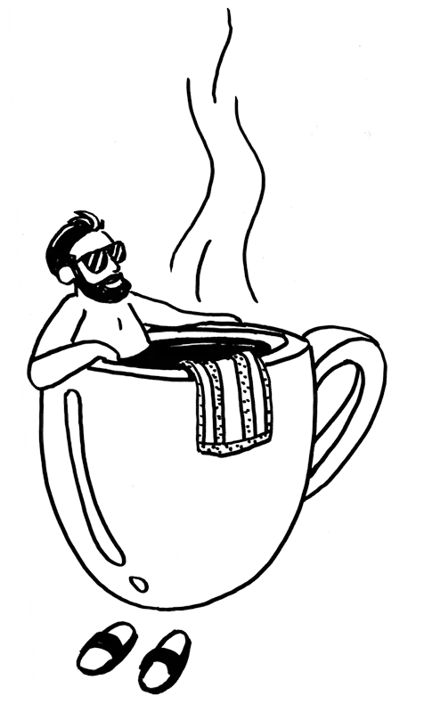 Mann in Badewanne mit dampfendem Kaffee und Löffel