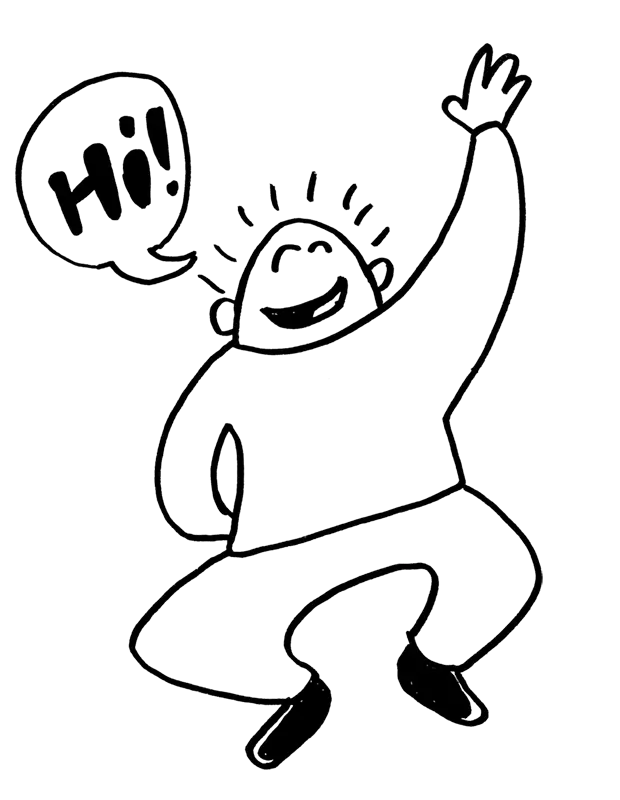 Stilisierte Figur mit Sprechblase „Hi!“ und winkender Hand