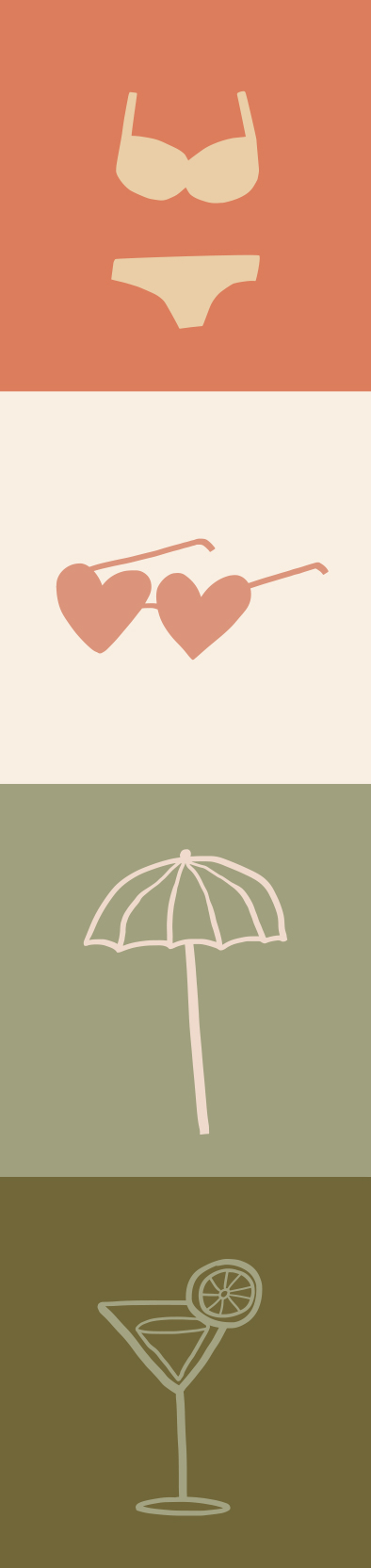 Fünf stilisierte Icons in Rot, Grün und Beige: Haus, Herz, Regenschirm, Wein und Palme.
