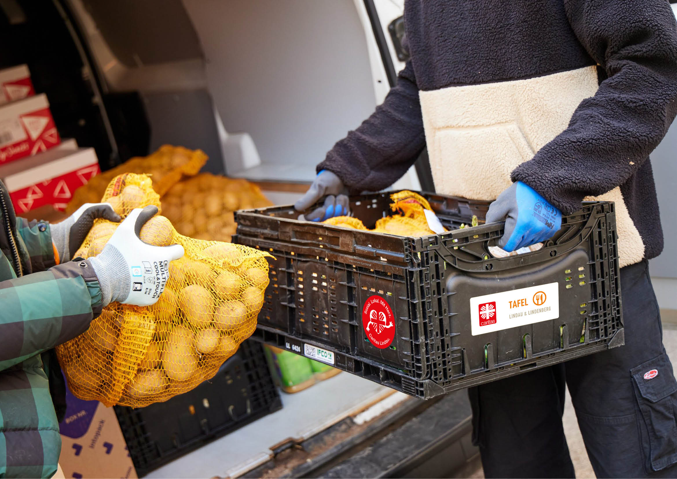 Personen sortieren Lebensmittel in Kisten mit Caritas- und Tafel-Logos