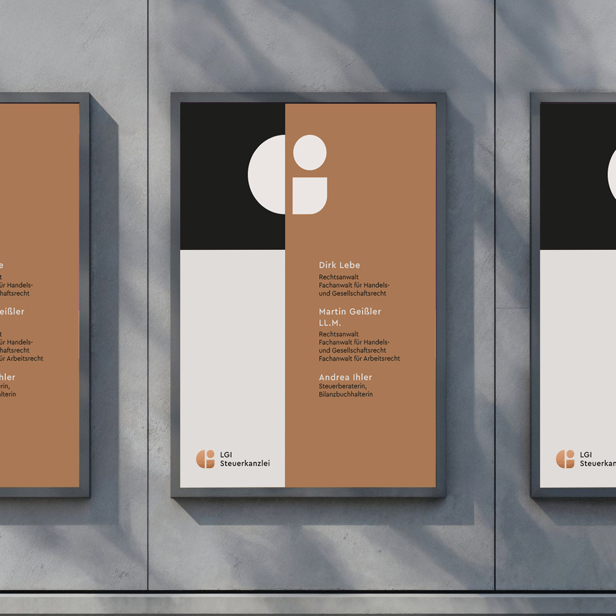 Poster mit Logo und Namen Dirk Lebe, Martin Geißler und Andrea Ihler, Steuerkanzlei LGI.