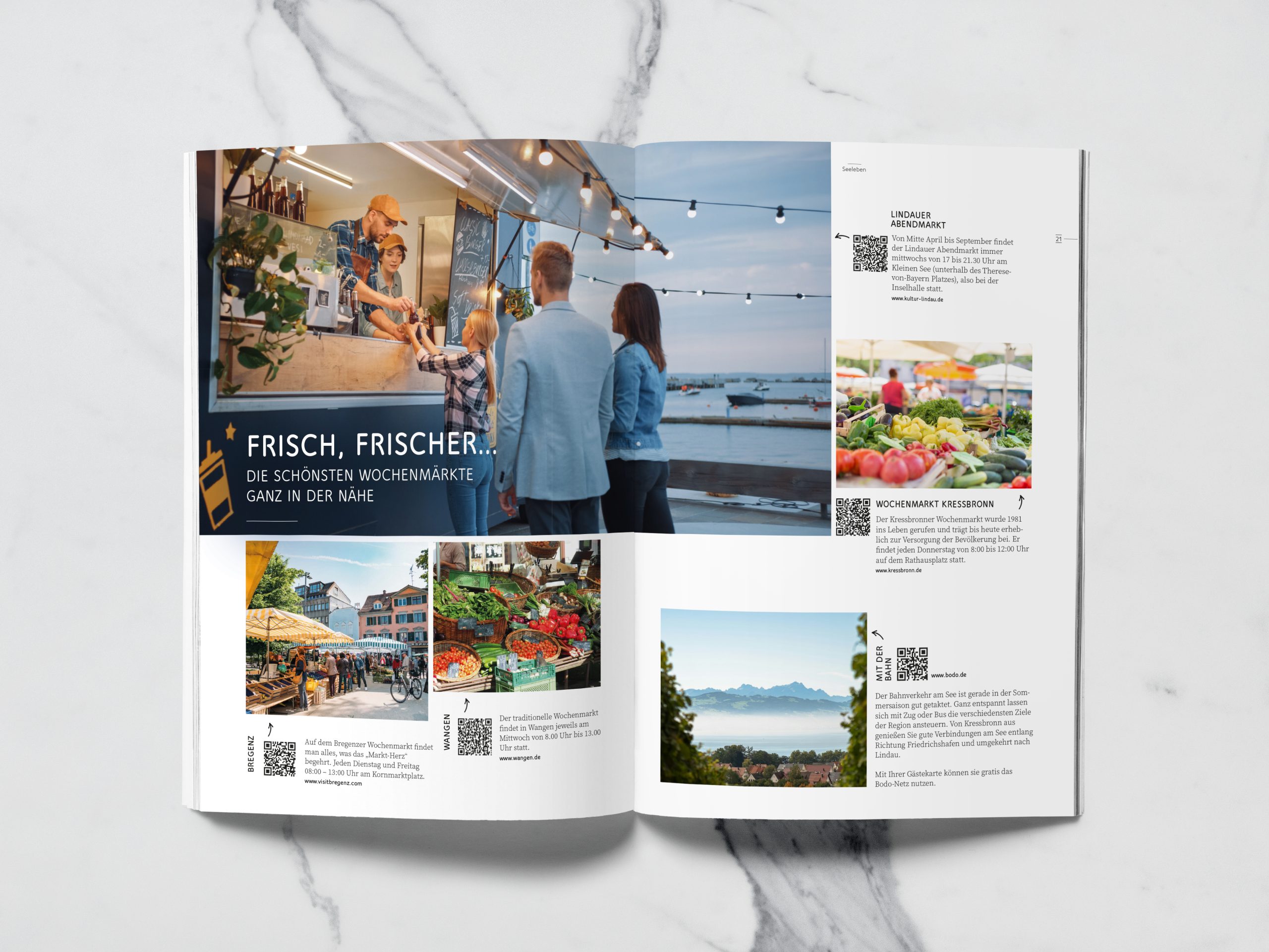 Magazin-Layout mit Bildern von Märkten und Seehotel-Texten