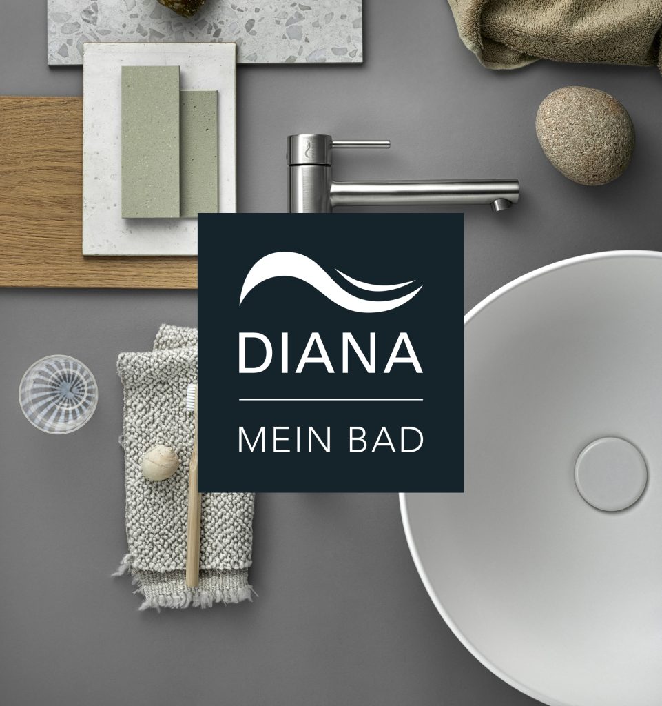 Logo „DIANA MEIN BAD“ mit stilisiertem Wellenmotiv auf dunklem Hintergrund