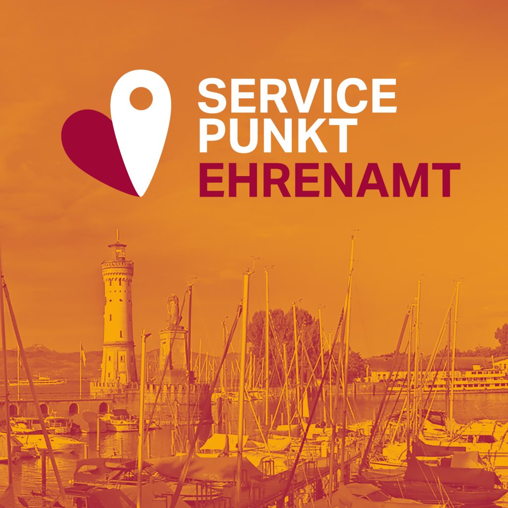 Logo „Servicepunkt Ehrenamt“ mit Hamburger Hafen im Hintergrund bei Sonnenuntergang